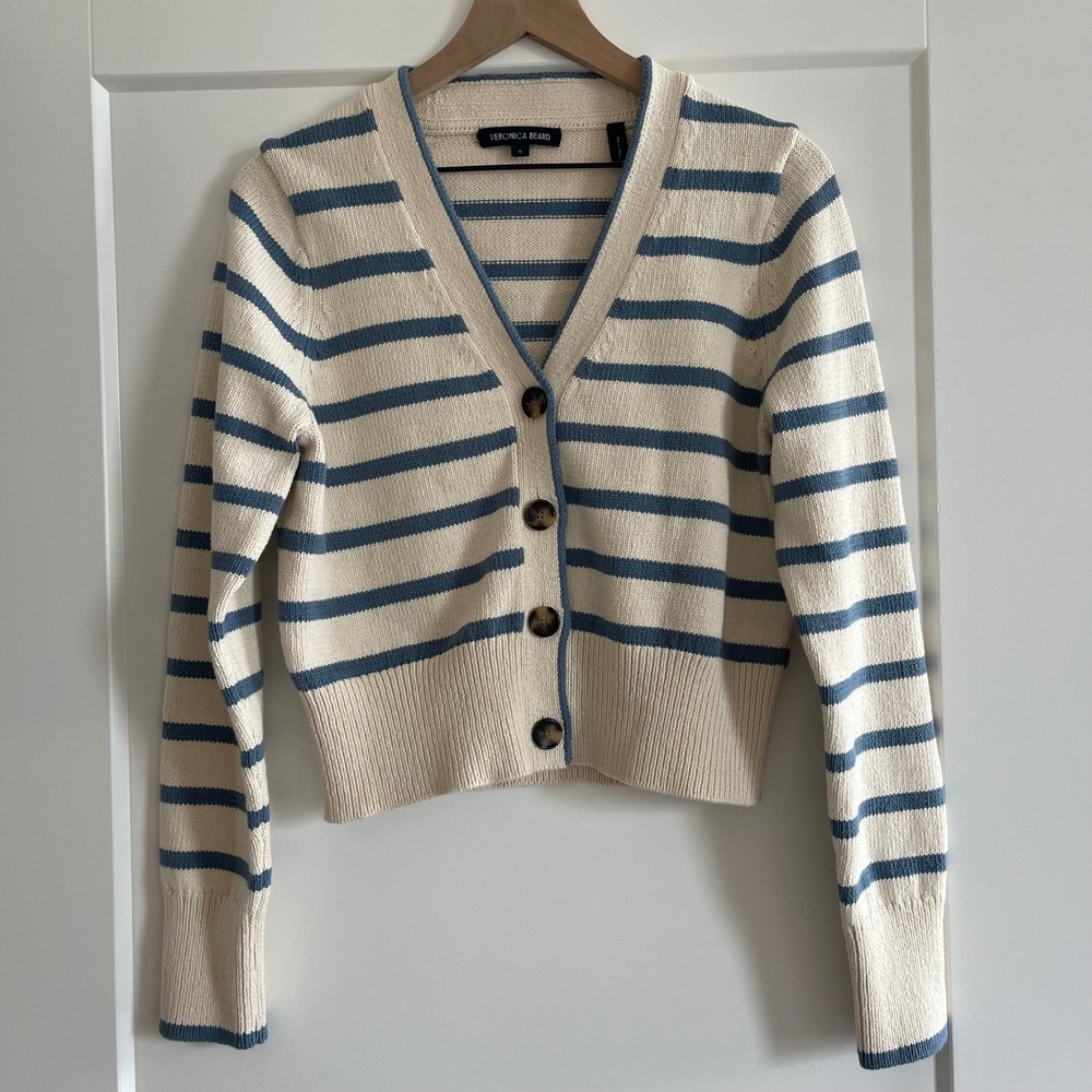 Veronica Beard Noorie Cardigan Sz Medium Ivory Blue Striped Cotton Chic Classic - Picture 5 of 16